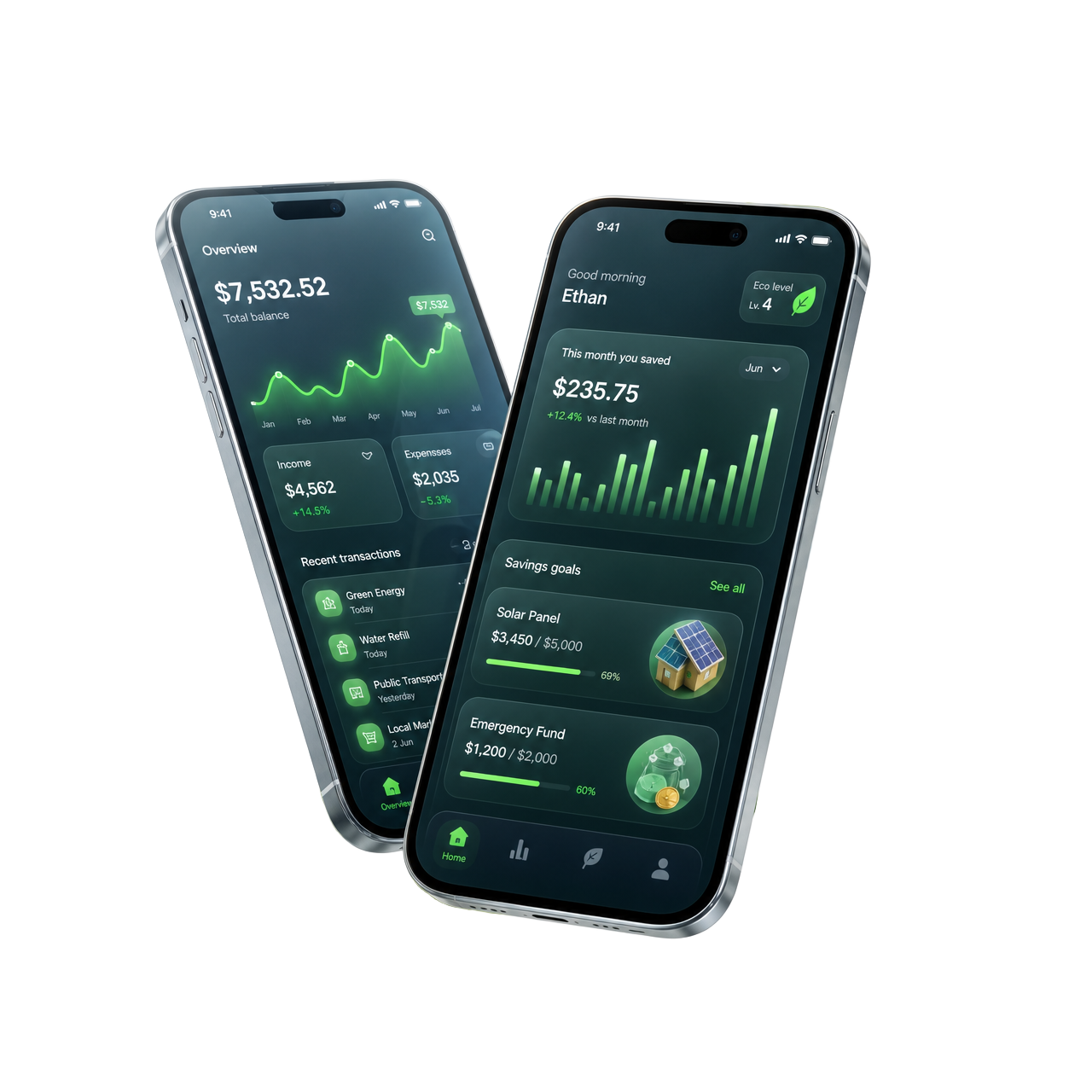 3D mockup aplikácie EcoGoal s prehľadom financií a ekologických cieľov